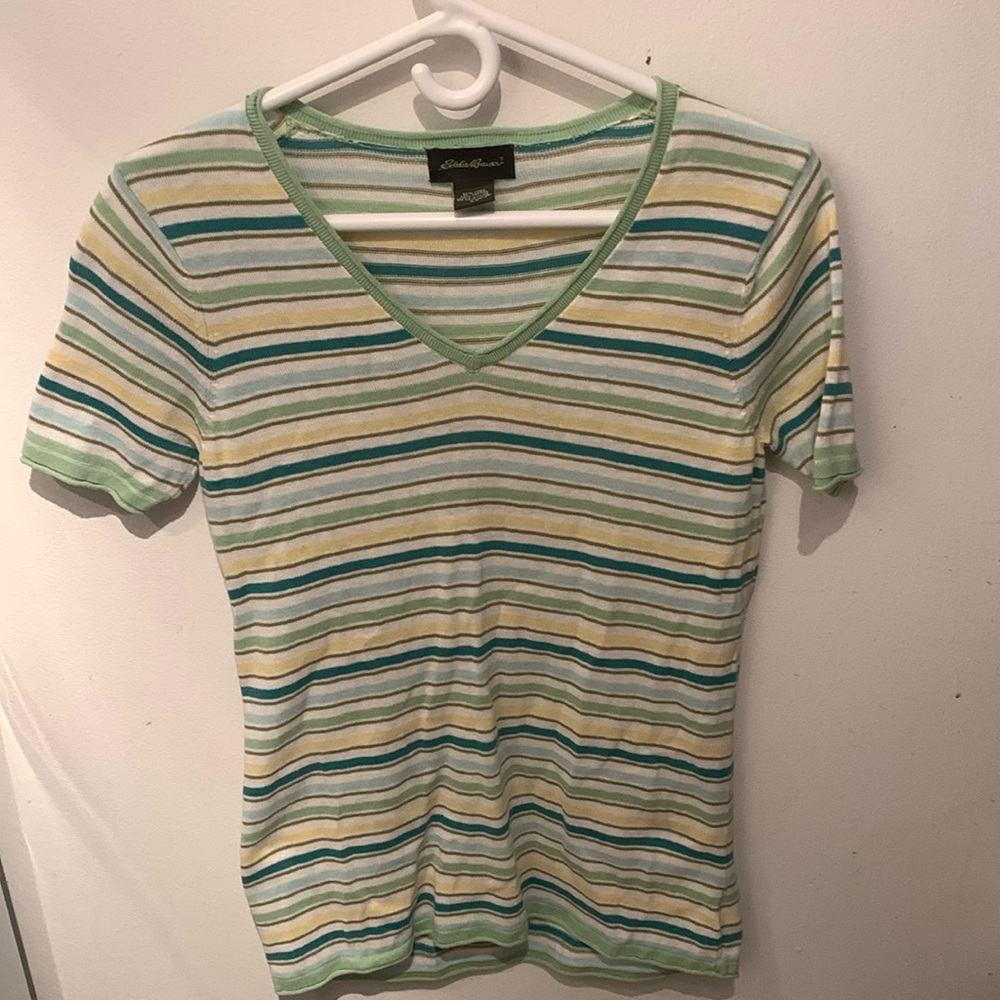 Elegant Eddie Bauer Linen Cotton Blend Striped Summer Shirt Comfy Breezy SZ XS